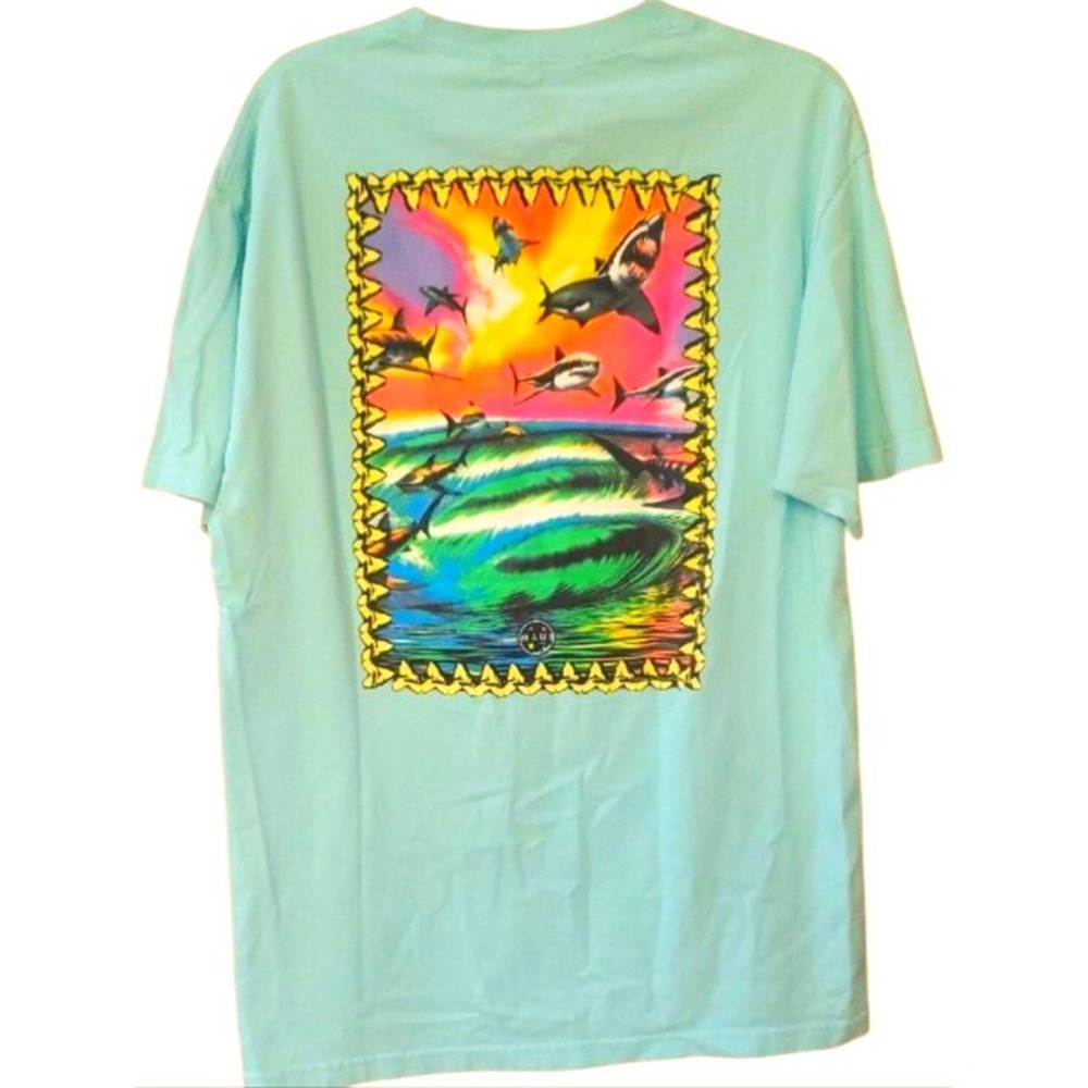 Maui and Sons Light‎ Aqua Crew Neck Tee with Chest Script Logo And Shark Scene